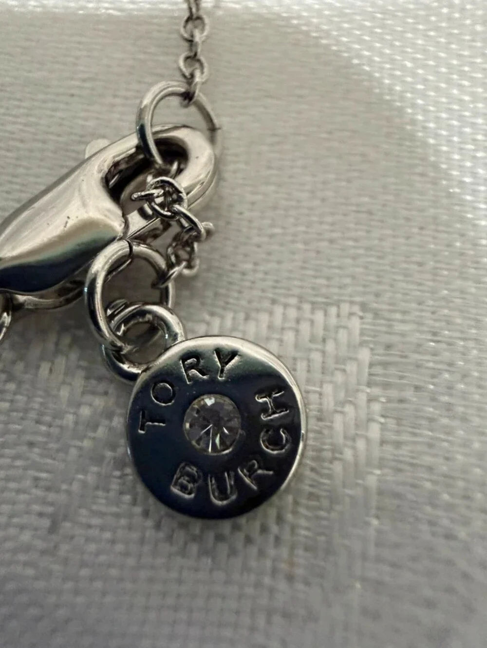 Tory Burch Silver-Tone Gray Pearl & Crystal Logo Bracelet